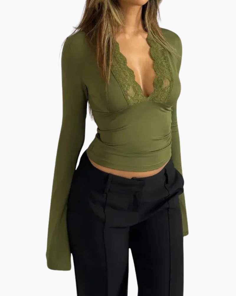 Top a Maniche Lunghe con Pizzo | Elegante Scollo a V