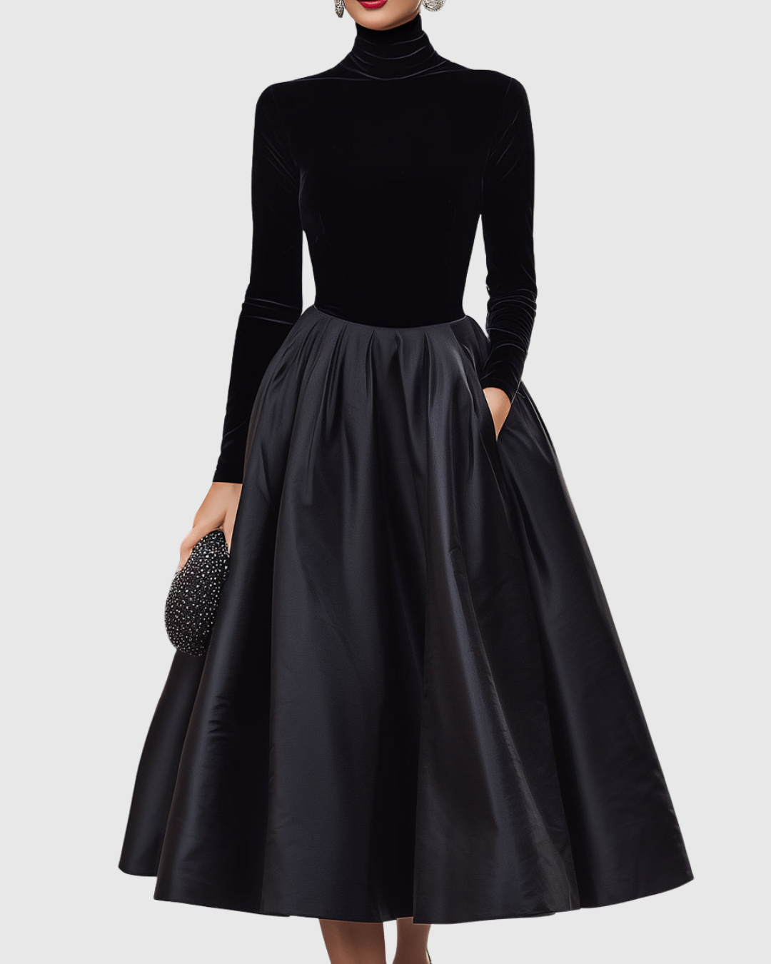 Vestito Midi in Velluto e Satin | Contrasto Raffinato e Linea Elegante