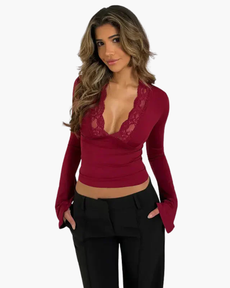 Top a Maniche Lunghe con Pizzo | Elegante Scollo a V