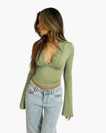 Top a Maniche Lunghe con Pizzo | Elegante Scollo a V