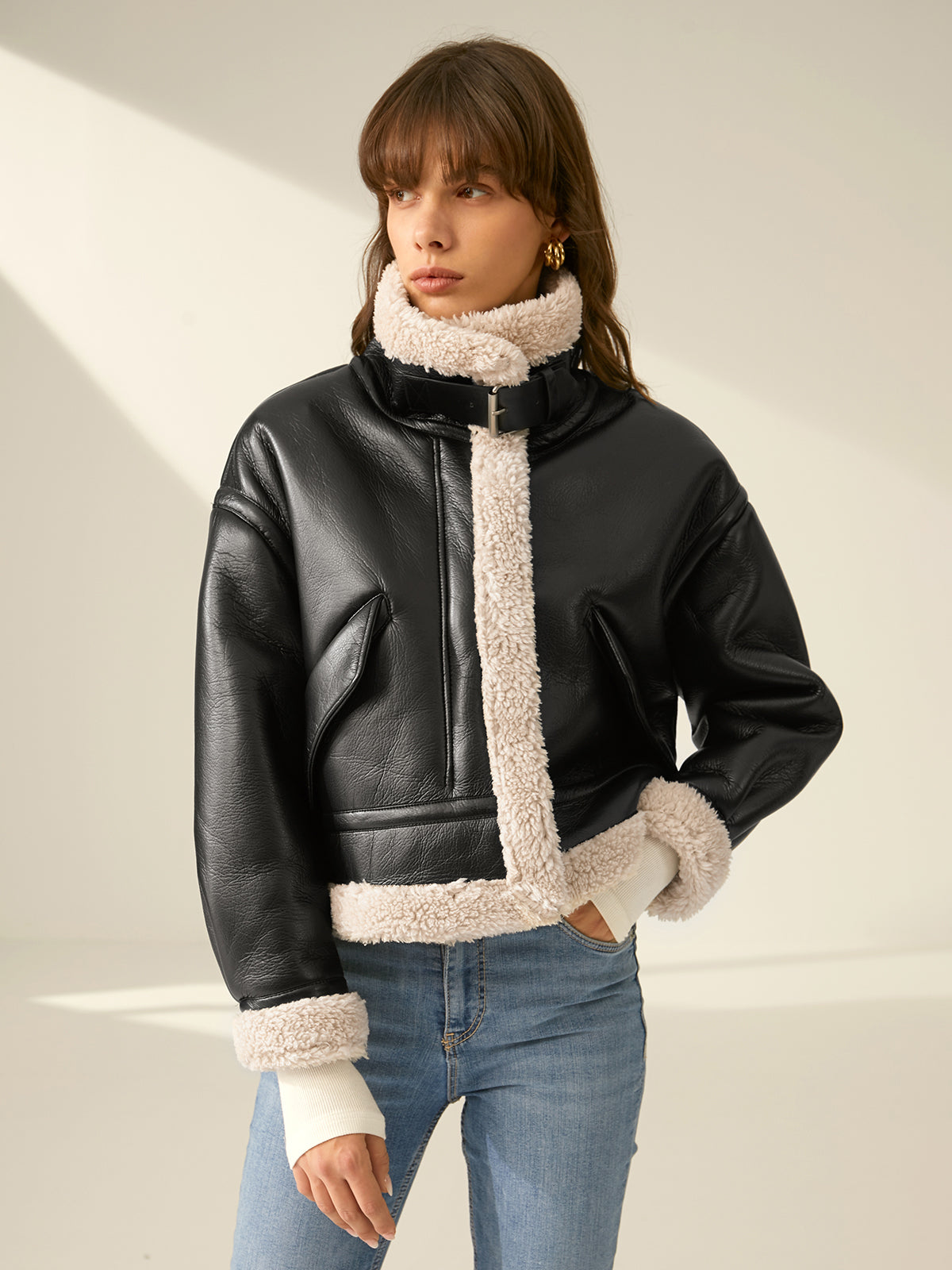 Giacca Aviatore Faux Pelle con Sherpa | Giacca Invernale Corta