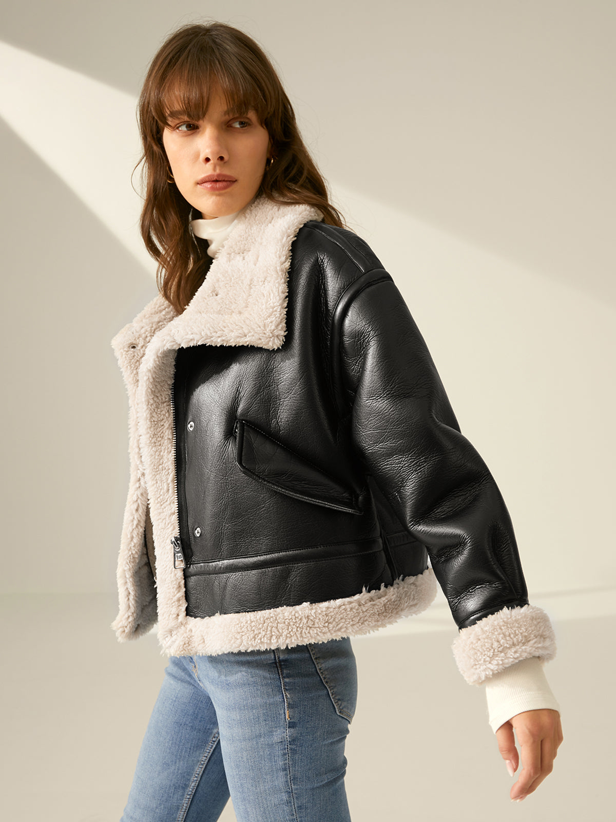 Giacca Aviatore Faux Pelle con Sherpa | Giacca Invernale Corta